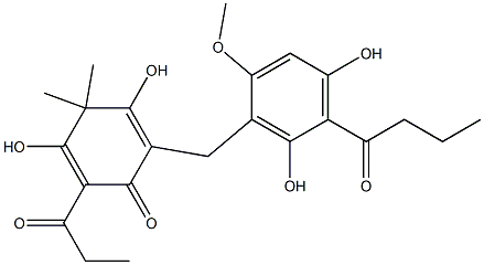 2-(1-Oxopropyl)-3,5-dihydroxy-4,4-dimethyl-6-[2-methoxy-4,6-dihydroxy-5-(1-oxobutyl)benzyl]-2,5-cyclohexadiene-1-one Struktur