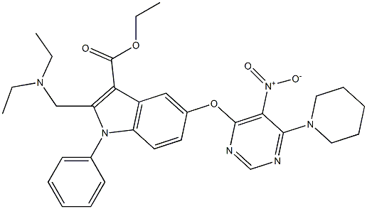 1-Phenyl-2-[(diethylamino)methyl]-5-[5-nitro-6-piperidinopyrimidin-4-yloxy]-1H-indole-3-carboxylic acid ethyl ester Struktur