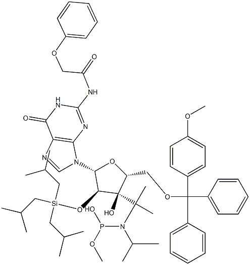 5'-O-[(4-Methoxyphenyl)diphenylmethyl]-2'-O-(triisobutylsilyl)-N-phenoxyacetylguanosine-3'-(diisopropylaminophosphonous acid methyl) ester Struktur