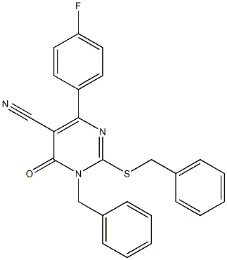 2-[Benzylthio]-3-benzyl-4-oxo-6-(4-fluorophenyl)pyrimidine-5-carbonitrile Struktur