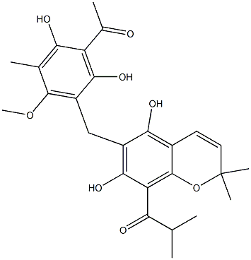 8-(2-Methylpropionyl)-6-(3-acetyl-2,4-dihydroxy-5-methyl-6-methoxybenzyl)-2,2-dimethyl-2H-1-benzopyran-5,7-diol Struktur