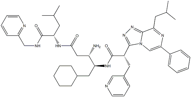 (2S)-2-[[(3S,4S)-3-Amino-5-cyclohexyl-4-[[(2S)-2-(8-isobutyl-6-phenyl-1,2,4-triazolo[4,3-a]pyrazin-3-yl)-3-(3-pyridinyl)propanoyl]amino]pentanoyl]amino]-4-methyl-N-(2-pyridinylmethyl)valeramide Struktur