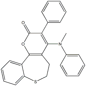 3-Phenyl-4-[methyl(phenyl)amino]-5,6-dihydro-2H-[1]benzothiepino[5,4-b]pyran-2-one Struktur