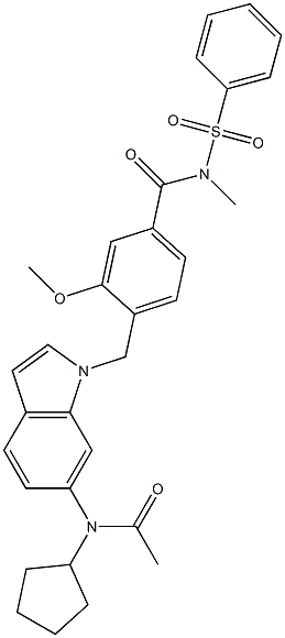 4-[6-(Cyclopentylacetylamino)-1H-indol-1-ylmethyl]-3-methoxy-N-methyl-N-phenylsulfonylbenzamide Struktur