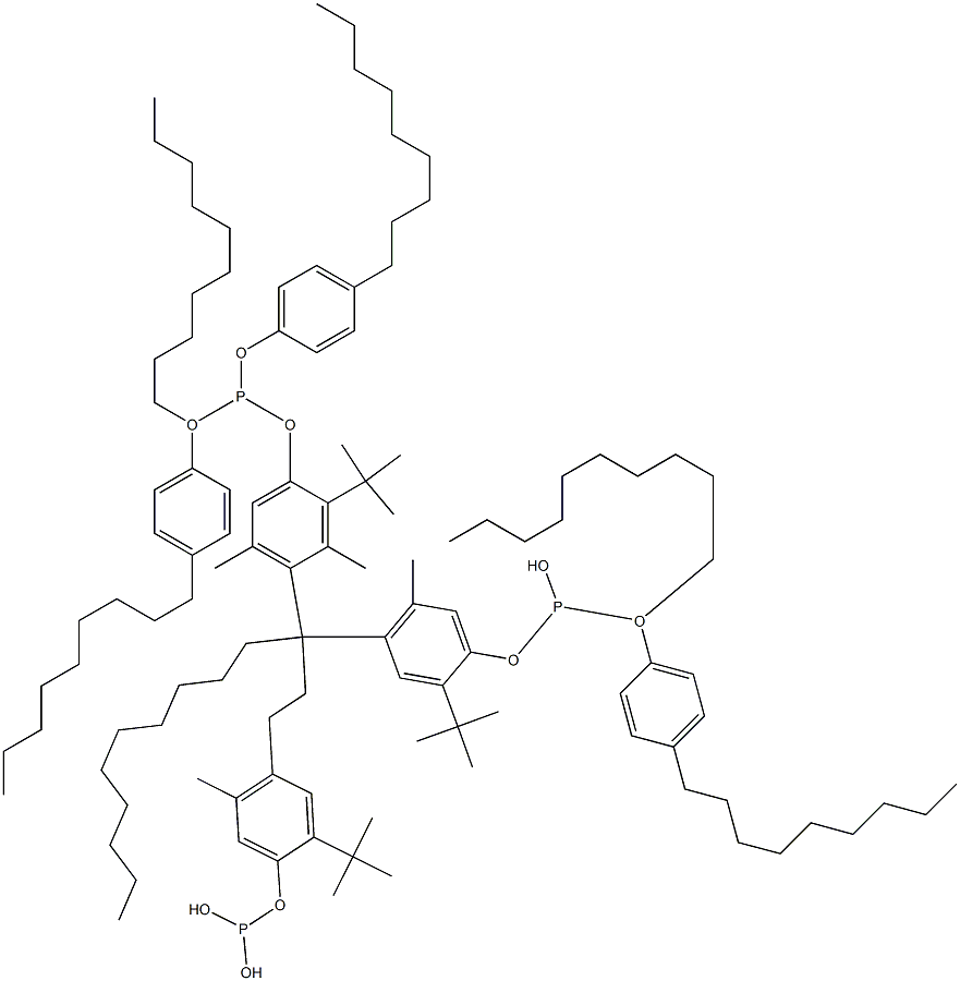 [3-Methyl-1,1,3-propanetriyltris(2-tert-butyl-5-methyl-4,1-phenyleneoxy)]tris(phosphonous acid)O,O',O''-tri(decyl)O,O',O''-tris(4-nonylphenyl) ester Struktur