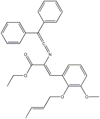 (Z)-2-[[2-(Phenyl)-2-phenylethenylidene]amino]-3-[3-methoxy-2-[[(E)-2-butenyl]oxy]phenyl]acrylic acid ethyl ester Struktur