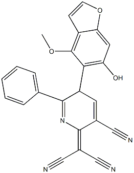 4-Methoxy-5-[[2-phenyl-5-cyano-3,6-dihydro-6-(dicyanomethylene)pyridin]-3-yl]benzofuran-6-ol Struktur