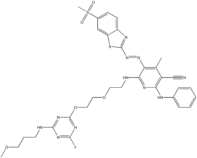 2-[6-Anilino-5-cyano-2-[2-[2-[4-fluoro-6-(3-methoxypropylamino)-1,3,5-triazin-2-yloxy]ethoxy]ethylamino]-4-methyl-3-pyridylazo]-6-methylsulfonylbenzothiazole Struktur