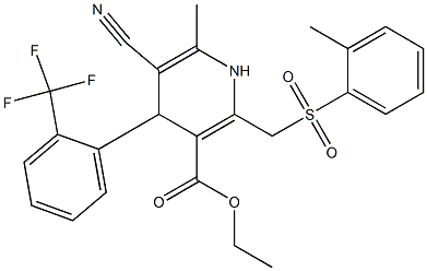 5-Cyano-1,4-dihydro-6-methyl-2-[(2-methylphenylsulfonyl)methyl]-4-(2-trifluoromethylphenyl)pyridine-3-carboxylic acid ethyl ester Struktur