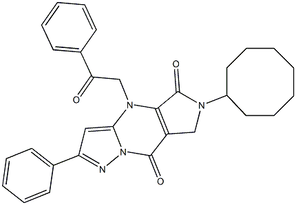 6,7-Dihydro-6-cyclooctyl-4-(2-oxo-2-phenylethyl)-2-phenyl-4H-1,4,6,8a-tetraaza-s-indacene-5,8-dione Struktur