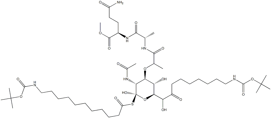 N2-[N-[N-Acetyl-1-[[11-[[(tert-butoxy)carbonyl]amino]undecanoyl]thio]-6-[8-[[(tert-butoxy)carbonyl]amino]octanoyl]muramoyl]-L-alanyl]-D-glutamine methyl ester Struktur