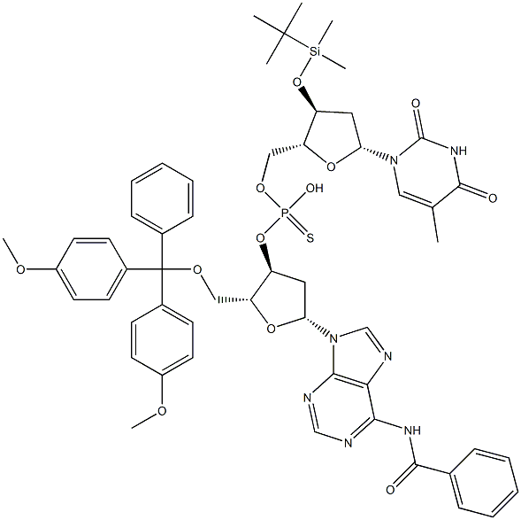 3'-O-(tert-Butyldimethylsilyl)-thymidine 5'-thiophosphoric acid [5'-O-(4,4'-dimethoxytrityl)-N-benzoyl-2'-deoxy-3'-adenosyl] ester Struktur