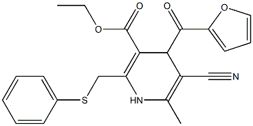 5-Cyano-1,4-dihydro-6-methyl-2-[phenylthiomethyl]-4-(2-furanylcarbonyl)pyridine-3-carboxylic acid ethyl ester Struktur