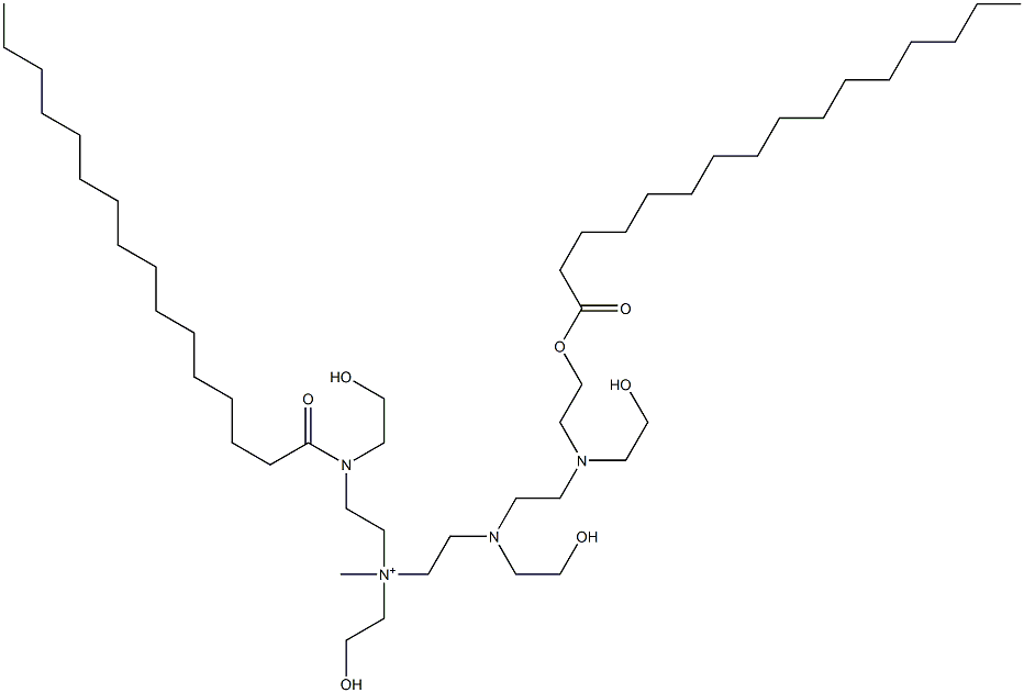 N-(2-Hydroxyethyl)-N-[2-[(2-hydroxyethyl)[2-[(2-hydroxyethyl)[2-[(1-oxohexadecyl)oxy]ethyl]amino]ethyl]amino]ethyl]-2-[(2-hydroxyethyl)(1-oxohexadecyl)amino]-N-methylethanaminium Struktur