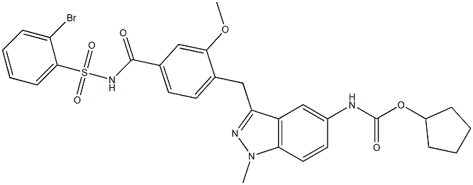 4-[5-(Cyclopentyloxycarbonylamino)-1-methyl-1H-indazol-3-ylmethyl]-3-methoxy-N-(2-bromophenylsulfonyl)benzamide Struktur