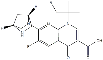 6-Fluoro-1-(2-fluoro-1,1-dimethylethyl)-7-[(1R,4R)-2,5-diazabicyclo[2.2.1]heptan-2-yl]-1,4-dihydro-4-oxo-1,8-naphthyridine-3-carboxylic acid Struktur