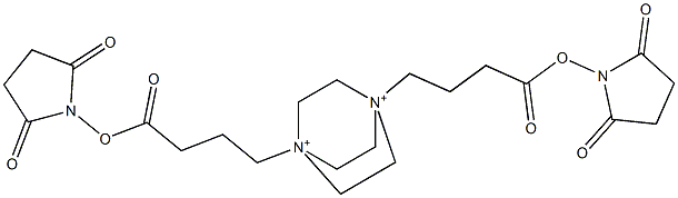 1,4-Bis[3-(2,5-dioxopyrrolidin-1-yloxycarbonyl)propyl]-1,4-diazoniabicyclo[2.2.2]octane Struktur