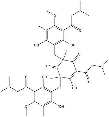 3,5-Bis[[2,6-dihydroxy-4-methoxy-3-methyl-5-(3-methylbutanoyl)phenyl]methyl]-2-hydroxy-3,5-dimethyl-1-(3-methylbutanoyl)-1-cyclohexene-4,6-dione Struktur