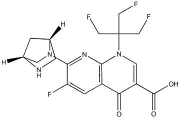 6-Fluoro-1-[2-fluoro-1,1-bis(fluoromethyl)ethyl]-7-[(1R,4R)-2,5-diazabicyclo[2.2.1]heptan-2-yl]-1,4-dihydro-4-oxo-1,8-naphthyridine-3-carboxylic acid Struktur