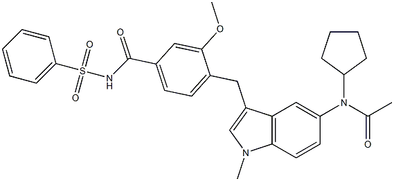 4-[5-(Cyclopentylacetylamino)-1-methyl-1H-indol-3-ylmethyl]-3-methoxy-N-(phenylsulfonyl)benzamide Struktur