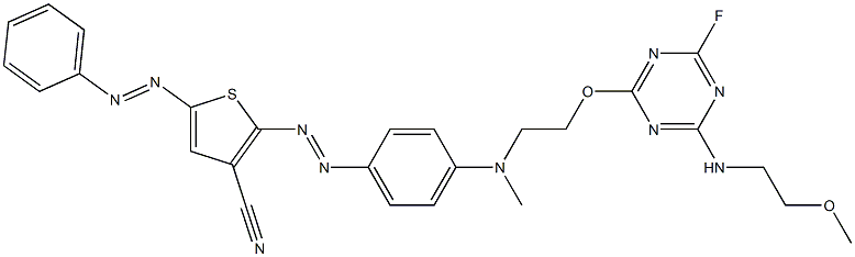 2-[4-[N-[2-[4-Fluoro-6-(2-methoxyethylamino)-1,3,5-triazin-2-yloxy]ethyl]-N-methylamino]phenylazo]-5-phenylazo-3-thiophenecarbonitrile Struktur