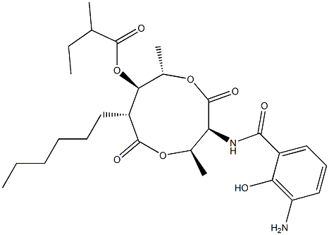 2-Methylbutanoic acid (3S,4R,7R,8R,9S)-3-[(3-amino-2-hydroxybenzoyl)amino]-4,9-dimethyl-2,6-dioxo-7-hexyl-1,5-dioxonan-8-yl ester Struktur