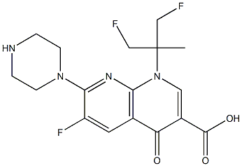 6-Fluoro-1-(2-fluoro-1-fluoromethyl-1-methylethyl)-7-(1-piperazinyl)-1,4-dihydro-4-oxo-1,8-naphthyridine-3-carboxylic acid Struktur