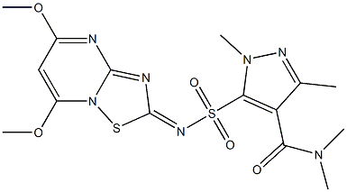 1,3,N,N-Tetramethyl-5-[(5,7-dimethoxy-2H-[1,2,4]thiadiazolo[2,3-a]pyrimidin-2-ylidene)sulfamoyl]-1H-pyrazole-4-carboxamide Struktur