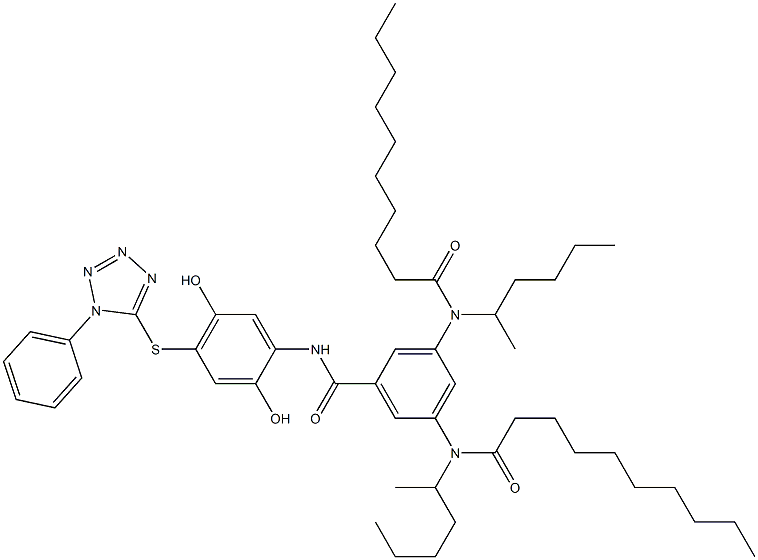 3,5-Bis(2-hexyldecanoylamino)-2',5'-dihydroxy-4'-[(1-phenyl-1H-tetrazol)-5-ylthio]benzanilide Struktur