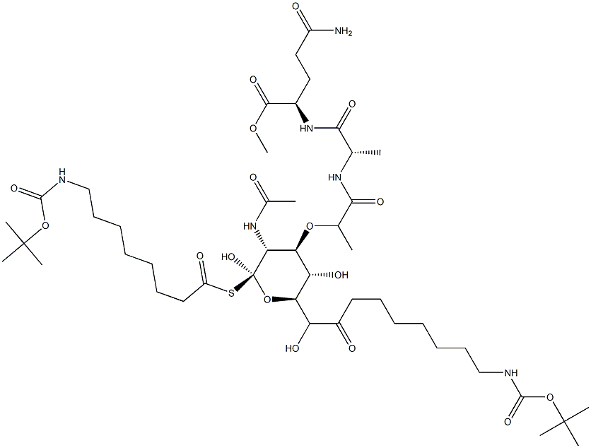 N2-[N-[N-Acetyl-1-[[8-[[(tert-butoxy)carbonyl]amino]octanoyl]thio]-6-[8-[[(tert-butoxy)carbonyl]amino]octanoyl]muramoyl]-L-alanyl]-D-glutamine methyl ester Struktur