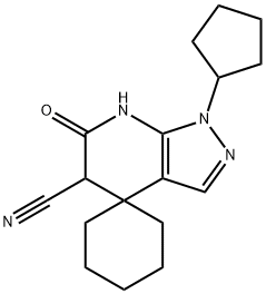 1'-cyclopentyl-6'-oxo-1',5',6',7'-tetrahydrospiro[cyclohexane-1,4'-pyrazolo[3,4-b]pyridine]-5'-carbonitrile Struktur