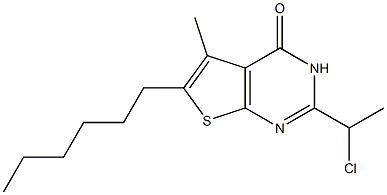 2-(1-chloroethyl)-6-hexyl-5-methyl-3H,4H-thieno[2,3-d]pyrimidin-4-one Struktur