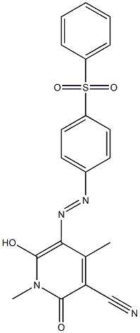 3-Pyridinecarbonitrile,  1,2-dihydro-6-hydroxy-1,4-dimethyl-2-oxo-5-[2-[4-(phenylsulfonyl)phenyl]diazenyl]- Struktur