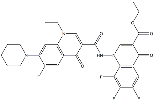 ethyl 1-({[1-ethyl-6-fluoro-4-oxo-7-(1-piperidinyl)-1,4-dihydro-3-quinolinyl]carbonyl}amino)-6,7,8-trifluoro-4-oxo-1,4-dihydro-3-quinolinecarboxylate Struktur