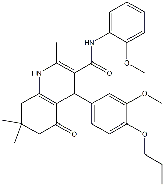 N-(2-methoxyphenyl)-4-(3-methoxy-4-propoxyphenyl)-2,7,7-trimethyl-5-oxo-1,4,5,6,7,8-hexahydro-3-quinolinecarboxamide Struktur