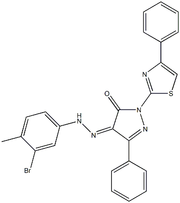 3-phenyl-1-(4-phenyl-1,3-thiazol-2-yl)-1H-pyrazole-4,5-dione 4-[N-(3-bromo-4-methylphenyl)hydrazone] Struktur