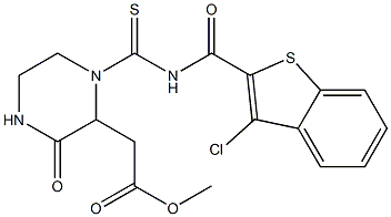 methyl 2-[1-({[(3-chloro-1-benzothiophen-2-yl)carbonyl]amino}carbothioyl)-3-oxo-2-piperazinyl]acetate Struktur