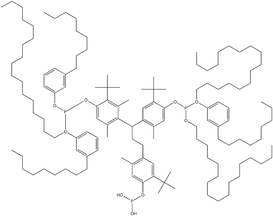 [3-Methyl-1,1,3-propanetriyltris(2-tert-butyl-5-methyl-4,1-phenyleneoxy)]tris(phosphonous acid)O,O',O''-triheptadecyl O,O',O''-tris(3-nonylphenyl) ester Struktur