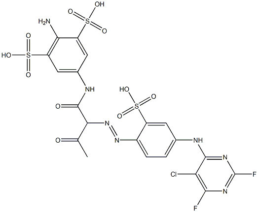 2-Amino-5-[[2-[[4-[(5-chloro-2,6-difluoro-4-pyrimidinyl)amino]-2-sulfophenyl]azo]-1,3-dioxobutyl]amino]-1,3-benzenedisulfonic acid Struktur