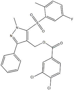 {5-[(5-fluoro-2-methylphenyl)sulfonyl]-1-methyl-3-phenyl-1H-pyrazol-4-yl}methyl 3,4-dichlorobenzenecarboxylate Struktur