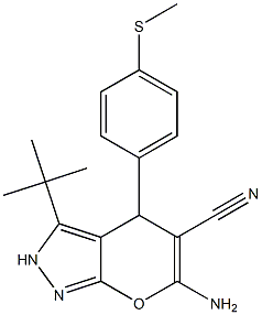 6-amino-3-(tert-butyl)-4-[4-(methylsulfanyl)phenyl]-2,4-dihydropyrano[2,3-c]pyrazole-5-carbonitrile Struktur