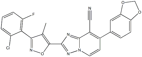 7-(1,3-benzodioxol-5-yl)-2-[3-(2-chloro-6-fluorophenyl)-4-methyl-5-isoxazolyl][1,2,4]triazolo[1,5-a]pyridine-8-carbonitrile Struktur