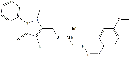 {[(4-bromo-2-methyl-5-oxo-1-phenyl-2,5-dihydro-1H-pyrazol-3-yl)methyl]sulfanyl}{(E)-2-[(Z)-(4-methoxyphenyl)methylidene]hydrazono}methanaminium bromid Struktur