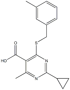 2-cyclopropyl-4-methyl-6-[(3-methylbenzyl)thio]pyrimidine-5-carboxylic acid Struktur