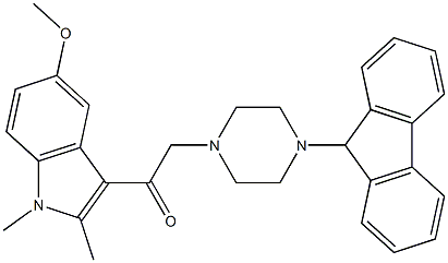 2-[4-(9H-fluoren-9-yl)-1-piperazinyl]-1-(5-methoxy-1,2-dimethyl-1H-indol-3-yl)ethanone Struktur