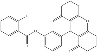 3-(1,8-dioxo-2,3,4,5,6,7,8,9-octahydro-1H-xanthen-9-yl)phenyl 2-fluorobenzoate Struktur