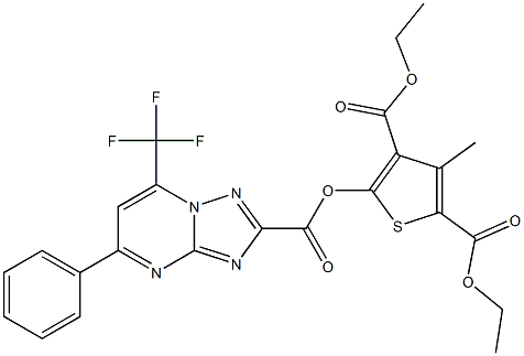 diethyl 3-methyl-5-({[5-phenyl-7-(trifluoromethyl)[1,2,4]triazolo[1,5-a]pyrimidin-2-yl]carbonyl}oxy)-2,4-thiophenedicarboxylate Struktur