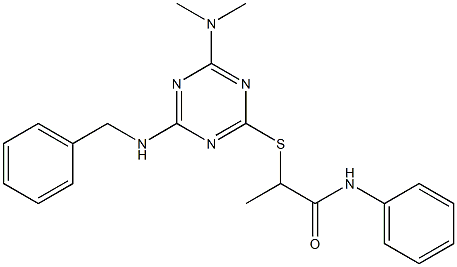 2-{[4-(benzylamino)-6-(dimethylamino)-1,3,5-triazin-2-yl]sulfanyl}-N-phenylpropanamide Struktur