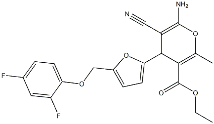 ethyl 6-amino-5-cyano-4-{5-[(2,4-difluorophenoxy)methyl]-2-furyl}-2-methyl-4H-pyran-3-carboxylate Struktur