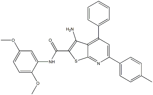 3-amino-N-(2,5-dimethoxyphenyl)-6-(4-methylphenyl)-4-phenylthieno[2,3-b]pyridine-2-carboxamide Struktur